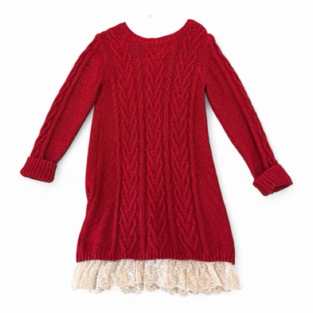 Elegant Red Knit Kids Dress with Lace Trim
